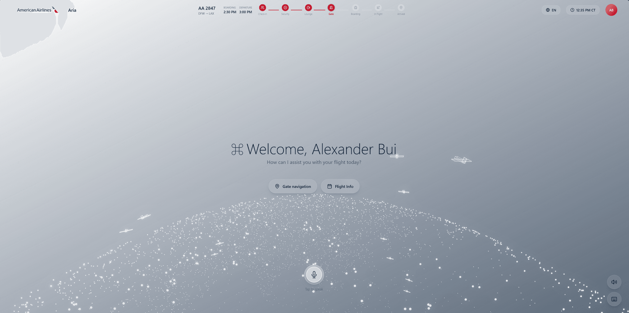 Aria's kiosk interface with the 3D particle assistant